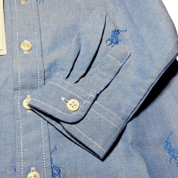 Polo Ralph Lauren Chambray Blue Baby Shirt Allover Pony Logo Long Sleeve, 6M NWT - Picture 7 of 14